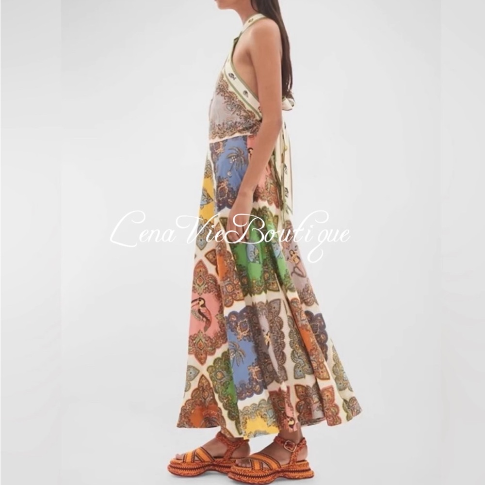 LenaVie Boutique | Tropical Tile-Print Cotton Halter A Line Mermaid Dress - Picture 2 of 14